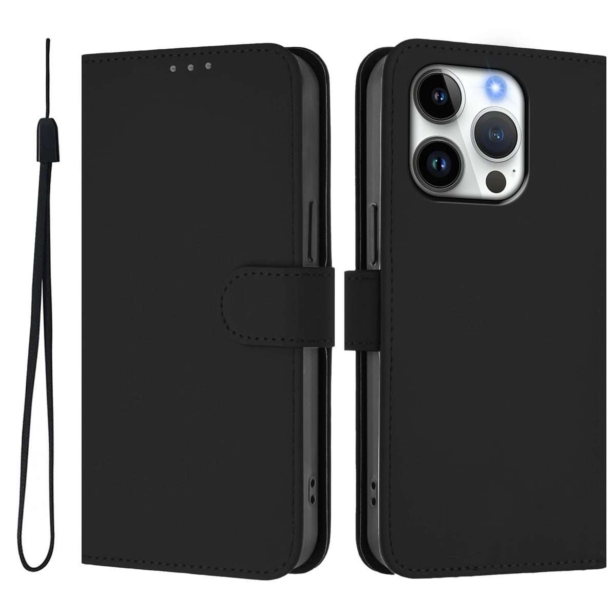 For iPhone 16 Pro Skin Feel Solid Color Leather Phone Case with Lanyard(Black)