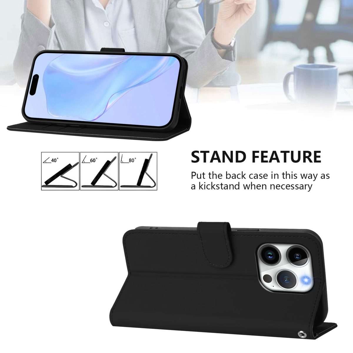 For iPhone 16 Pro Skin Feel Solid Color Leather Phone Case with Lanyard(Black)