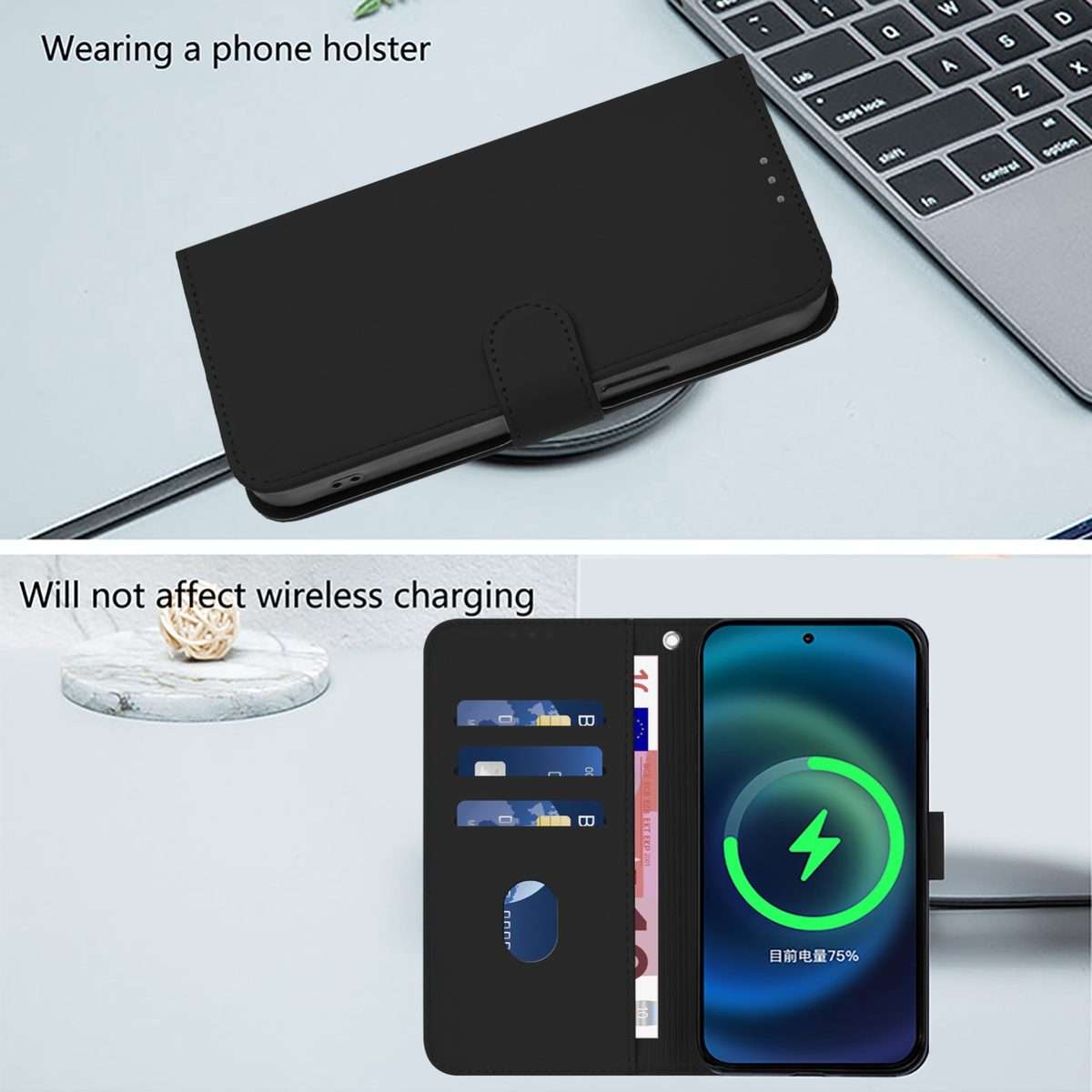 For iPhone 16 Pro Skin Feel Solid Color Leather Phone Case with Lanyard(Black)