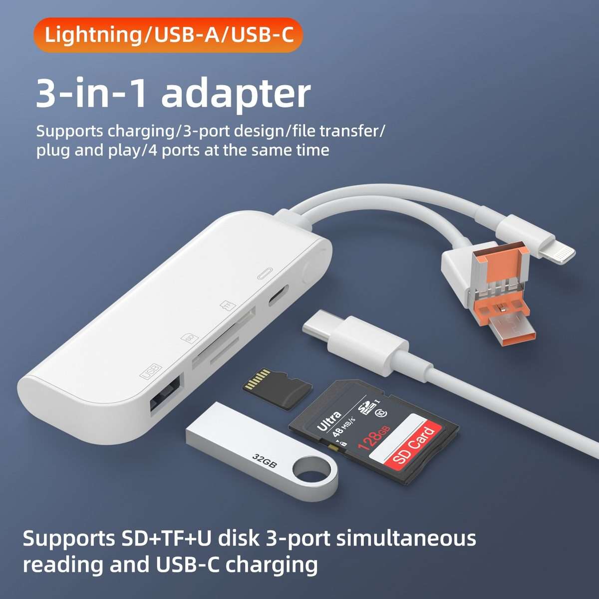 NK-9109TL Pro USB-C / Type-C, 8 Pin, USB to USB-C / Type-C, USB, TF / SD Card Multi-fu ... (White)