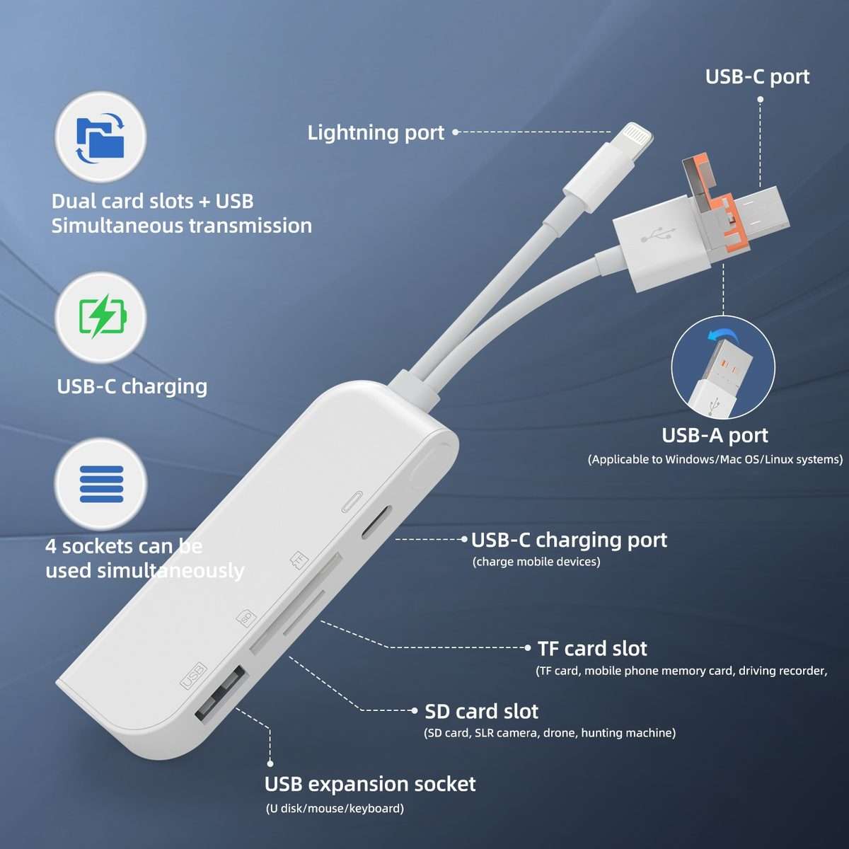 NK-9109TL Pro USB-C / Type-C, 8 Pin, USB to USB-C / Type-C, USB, TF / SD Card Multi-fu ... (White)