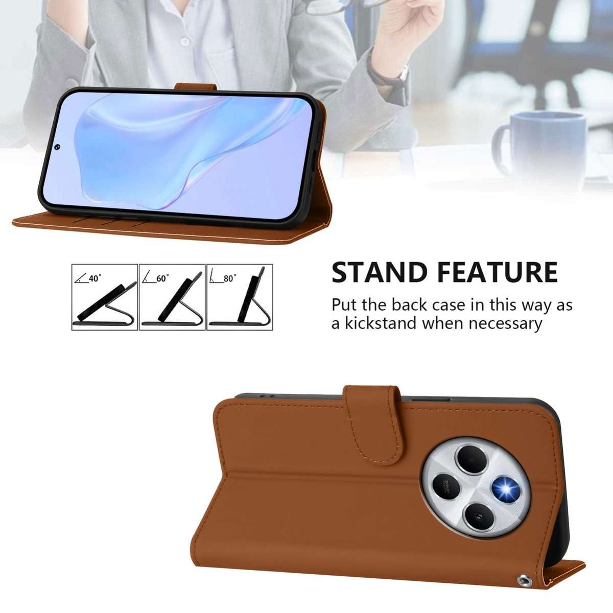 For Redmi 14C 4G Skin Feel Solid Color Leather Phone Case with Lanyard(Brown)