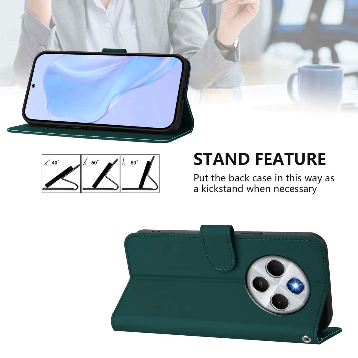 For Redmi 14C 4G Skin Feel Solid Color Leather Phone Case with Lanyard(Dark Green)
