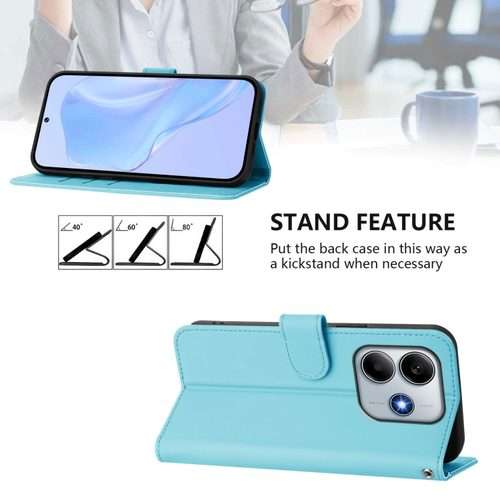 For Redmi Note 14 5G Skin Feel Solid Color Leather Phone Case with Lanyard(Sky Blue)