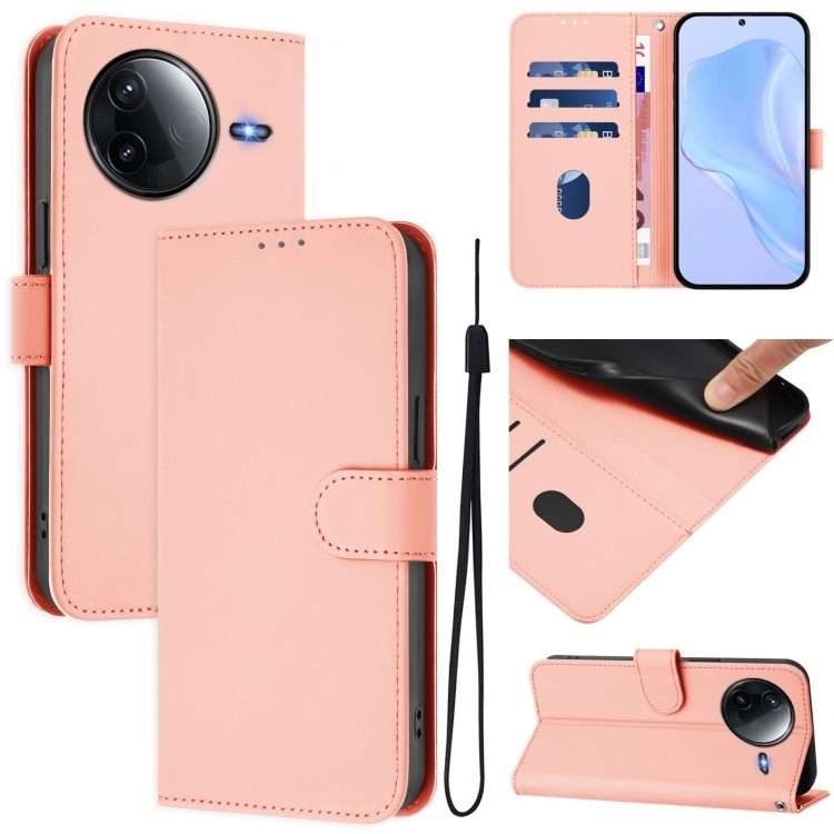 For Redmi K80 / K80 Pro Skin Feel Solid Color Leather Phone Case with Lanyard(Pink)