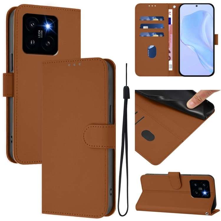 For Xiaomi 14 Pro 5G Global Skin Feel Solid Color Leather Phone Case with Lanyard(Brown)