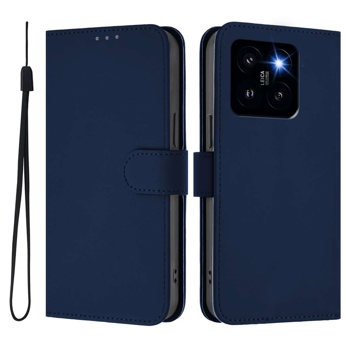 For Xiaomi 14 Pro 5G Global Skin Feel Solid Color Leather Phone Case with Lanyard(Navy Blue)