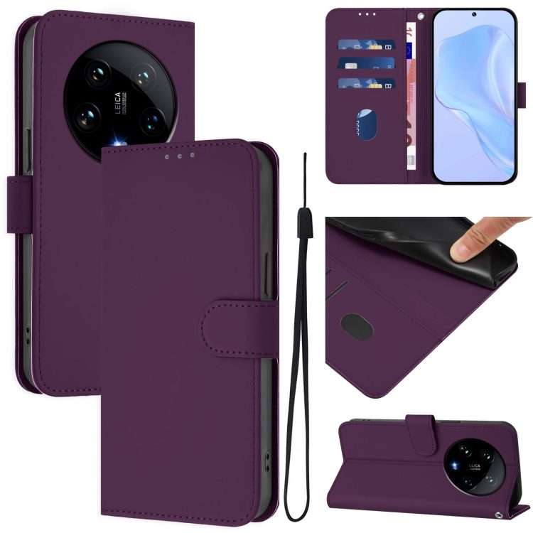 For Xiaomi 14 Ultra 5G Global Skin Feel Solid Color Leather Phone Case with Lanyard(Violet)