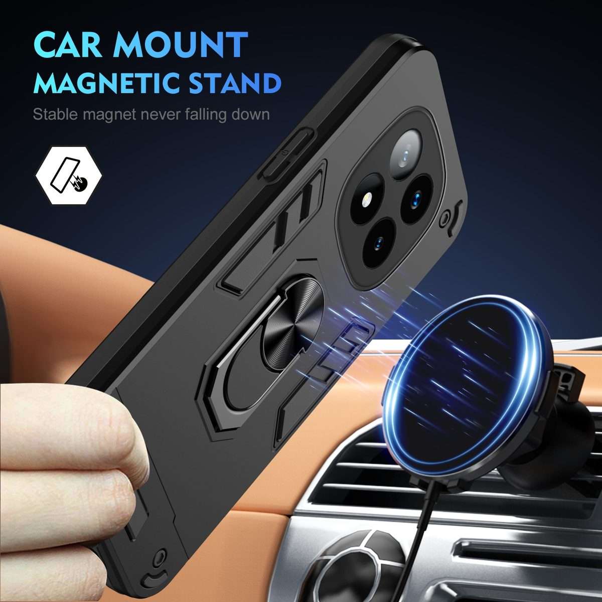 For Redmi Note 14 Pro+ 5G Shockproof Metal Ring Holder Phone Case(Black)