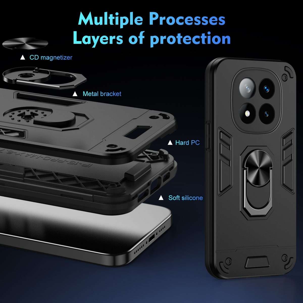 For Redmi Note 14 Pro+ 5G Shockproof Metal Ring Holder Phone Case(Black)