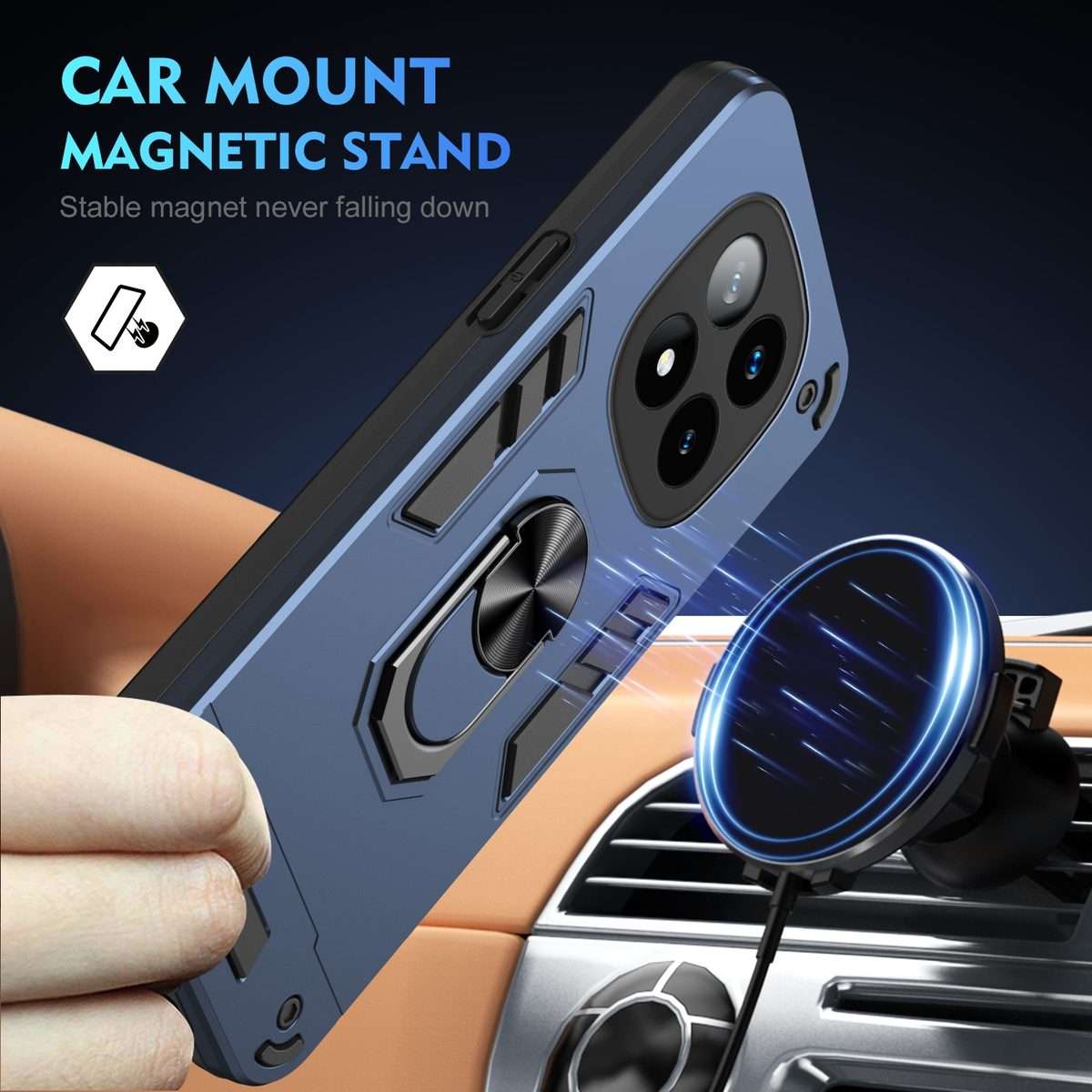 For Redmi Note 14 Pro+ 5G Shockproof Metal Ring Holder Phone Case(Blue)