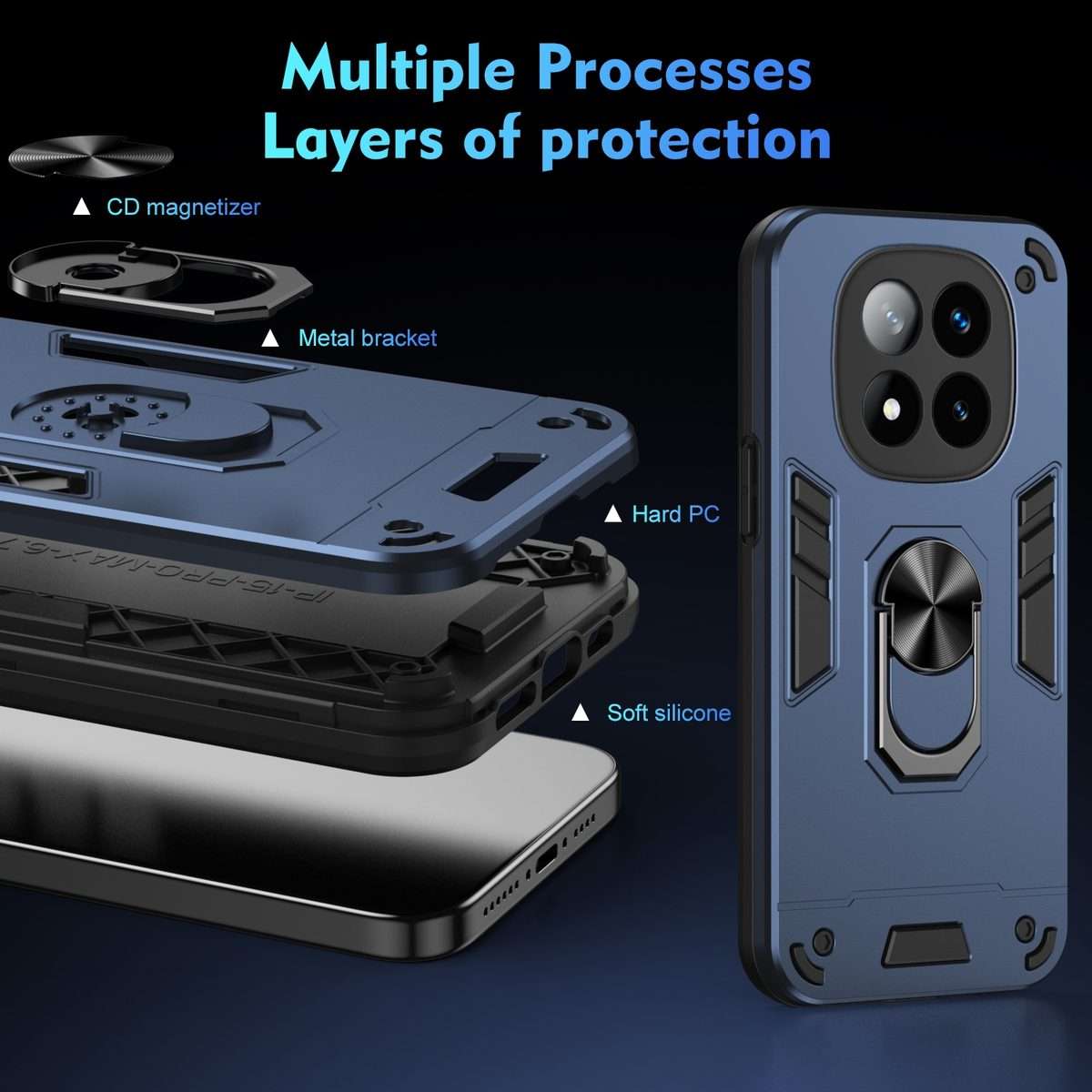 For Redmi Note 14 Pro+ 5G Shockproof Metal Ring Holder Phone Case(Blue)