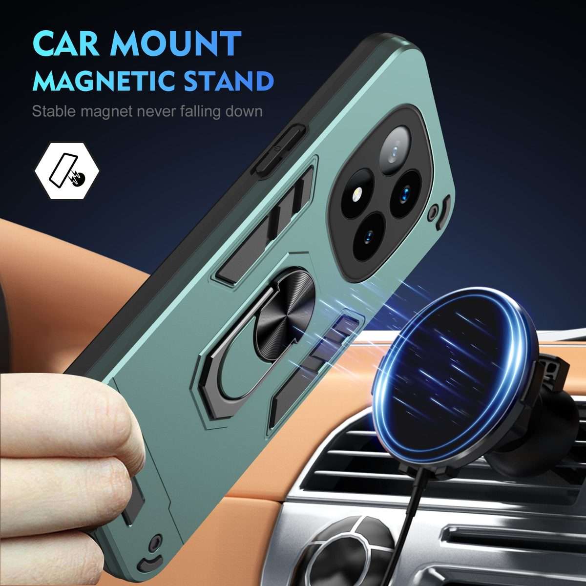 For Redmi Note 14 Pro+ 5G Shockproof Metal Ring Holder Phone Case(Green)