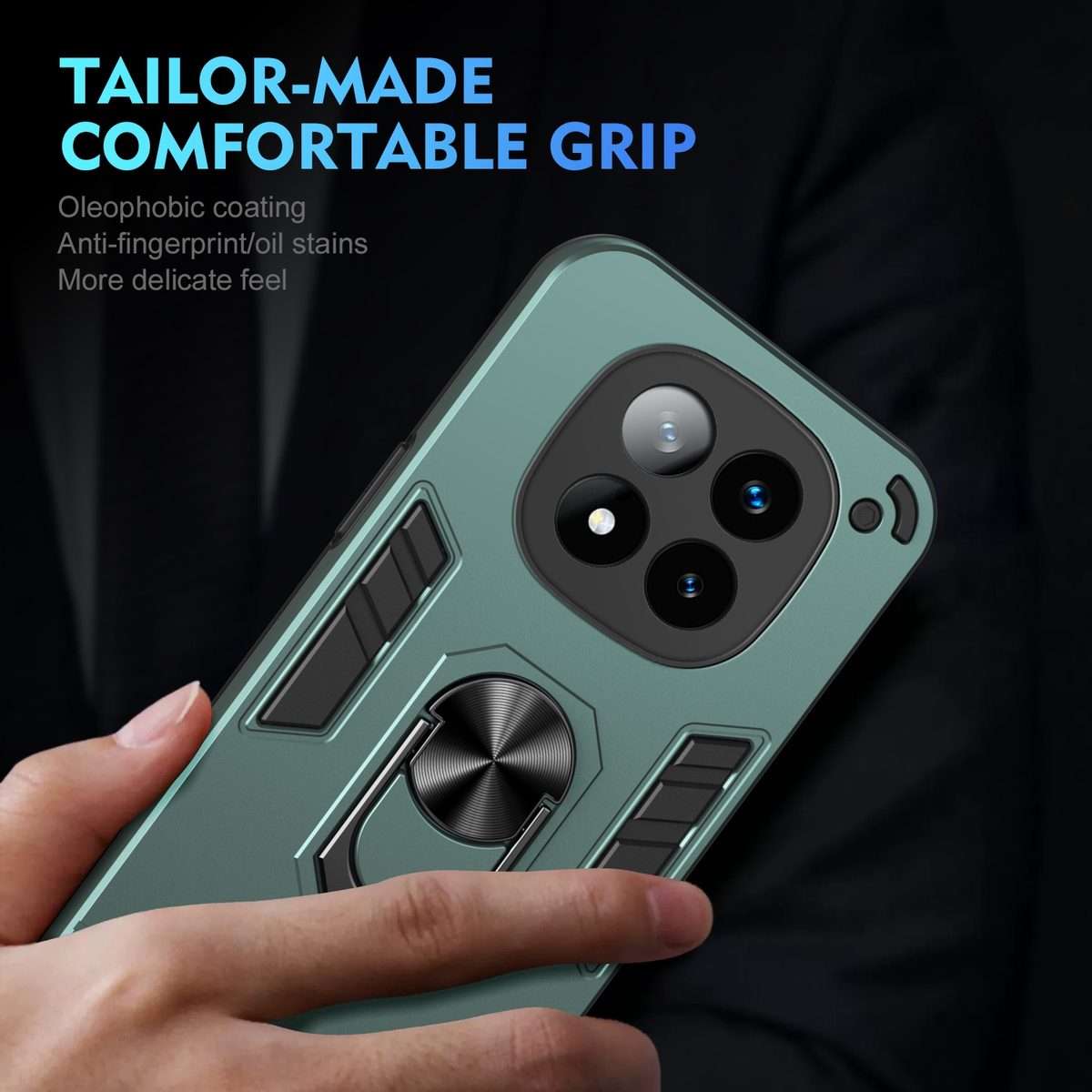 For Redmi Note 14 Pro+ 5G Shockproof Metal Ring Holder Phone Case(Green)
