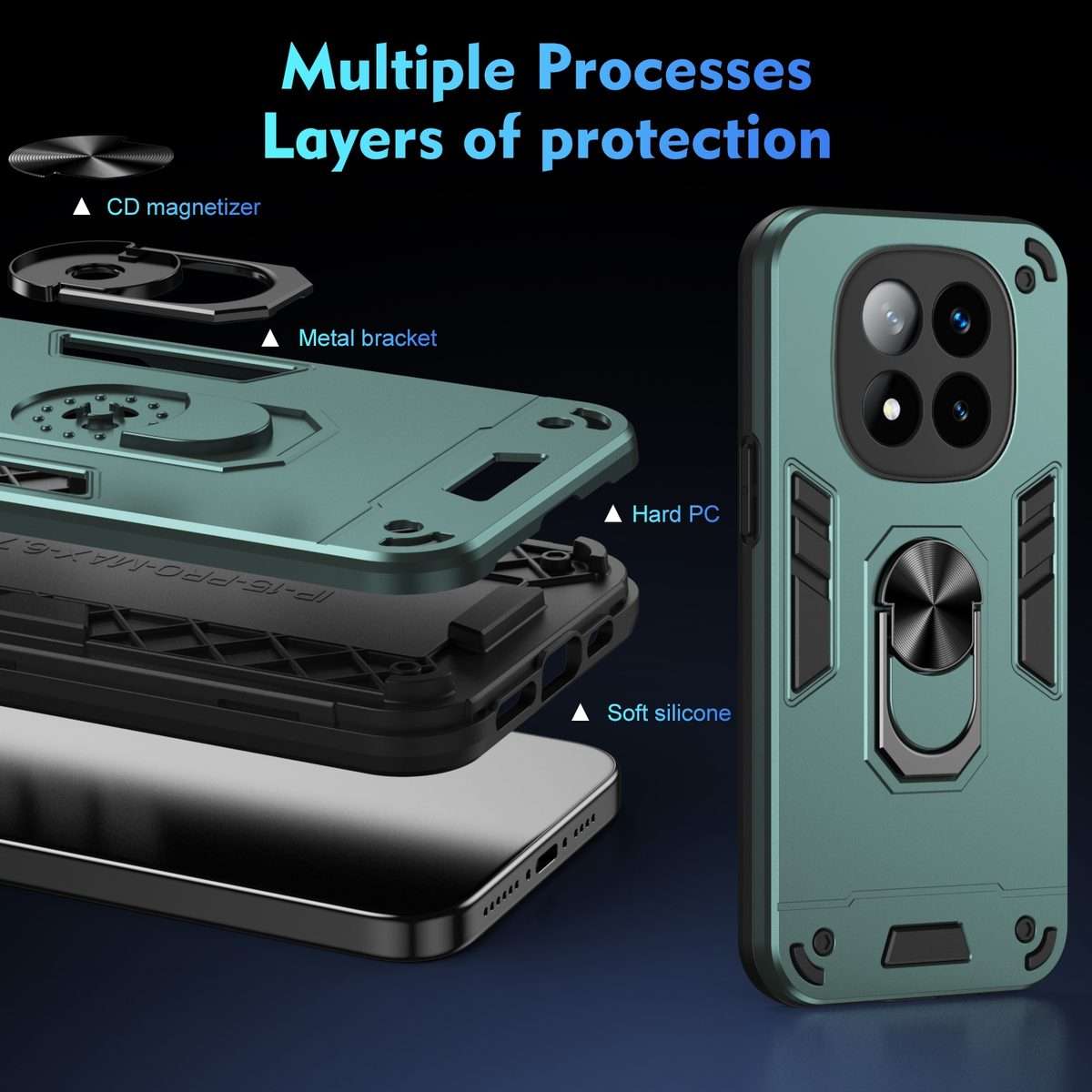 For Redmi Note 14 Pro+ 5G Shockproof Metal Ring Holder Phone Case(Green)