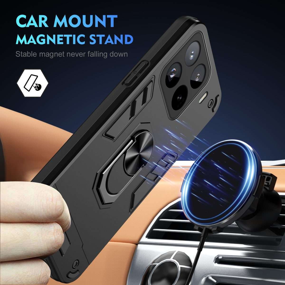 For Xiaomi 15 Pro Shockproof Metal Ring Holder Phone Case(Black)