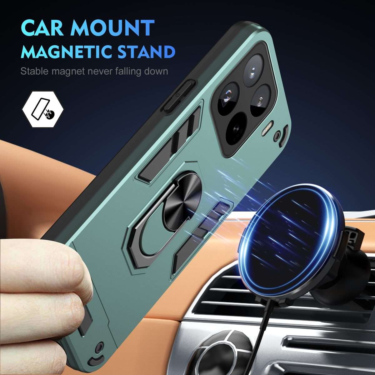 For Xiaomi 15 Pro Shockproof Metal Ring Holder Phone Case(Green)