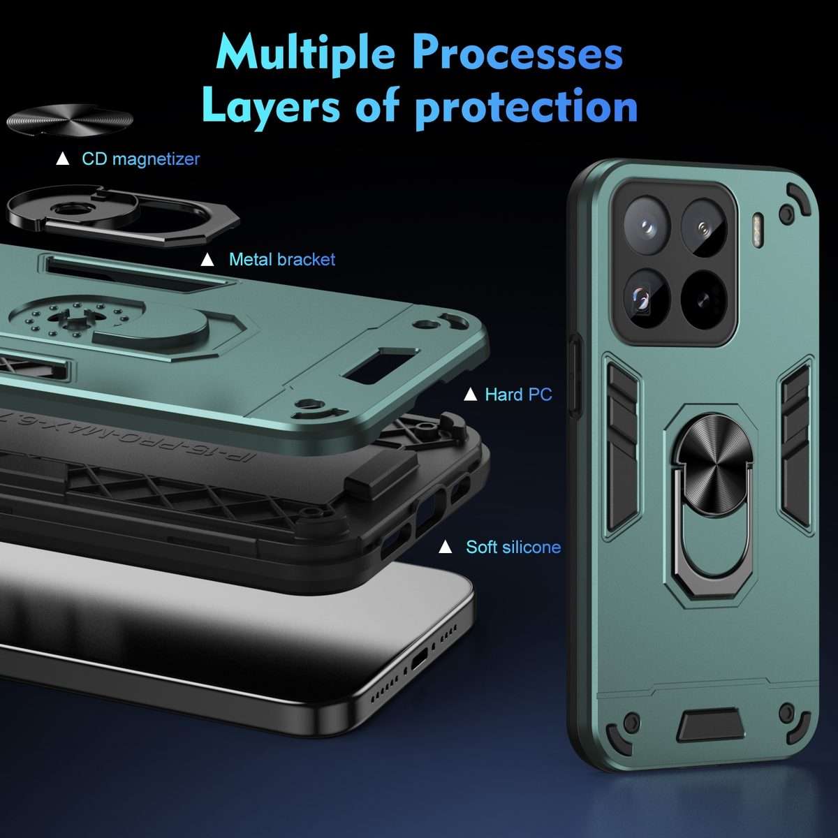 For Xiaomi 15 Pro Shockproof Metal Ring Holder Phone Case(Green)