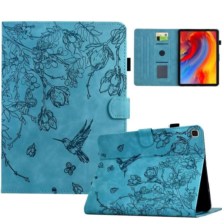For iPad 10.2 2021 / 10.5 2019 Flowers and Bird Embossed Smart Leather Tablet Case(Light Blue)