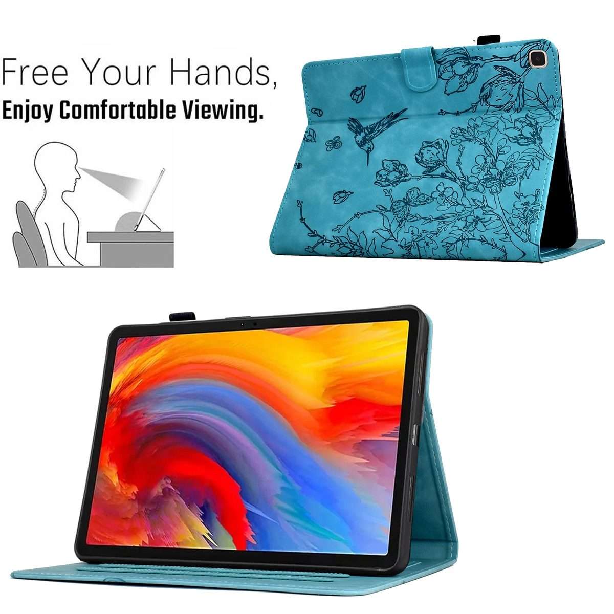 For iPad 10.2 2021 / 10.5 2019 Flowers and Bird Embossed Smart Leather Tablet Case(Light Blue)