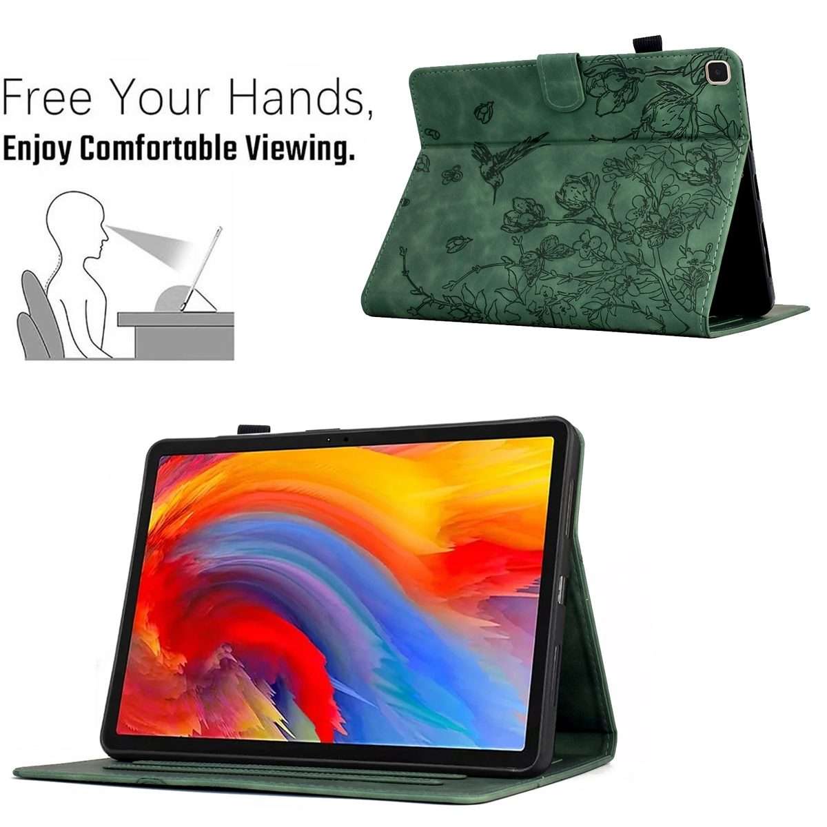 For iPad 10.2 2021 / 10.5 2019 Flowers and Bird Embossed Smart Leather Tablet Case(Green)