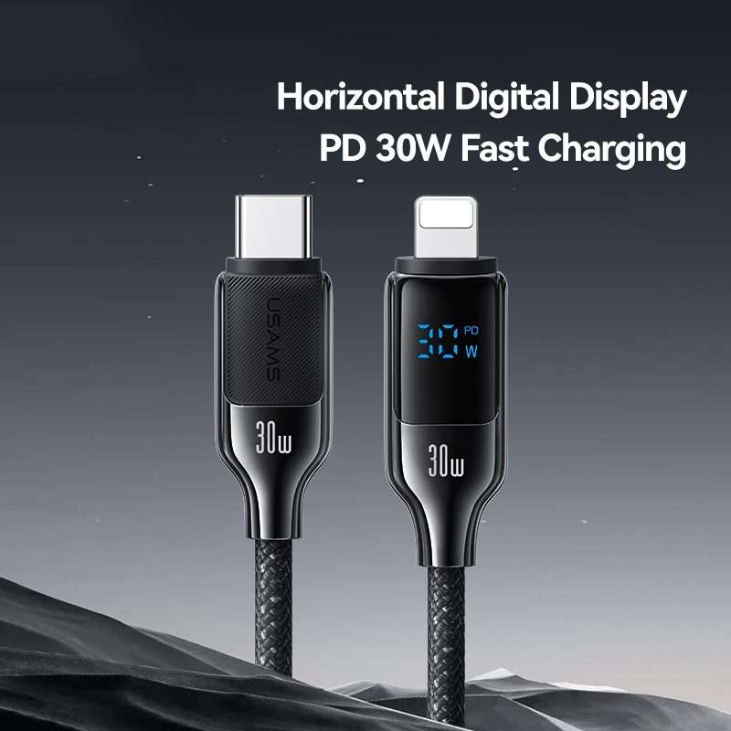 USAMS SJ741 30W USB-C / Type-C to 8 Pin Zinc Alloy Digital Display Fast Data Cable ... (Titanium)