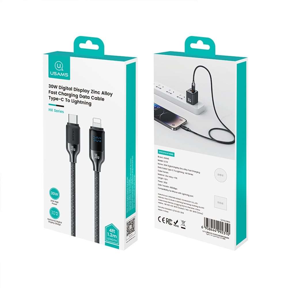 USAMS SJ741 30W USB-C / Type-C to 8 Pin Zinc Alloy Digital Display Fast Data Cable ... (Titanium)
