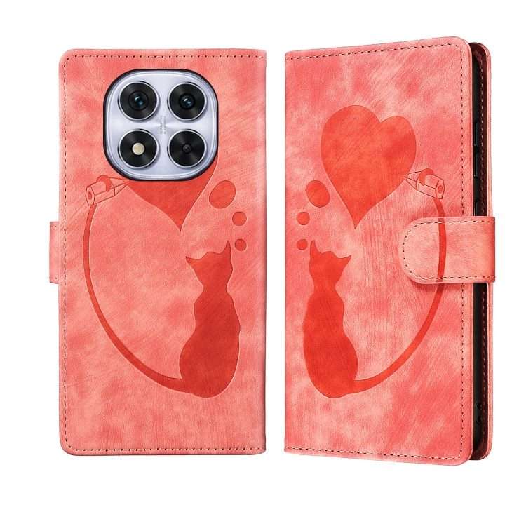 For Redmi Note 14 Pro 5G Pen Heart Cat Embossed Leather Phone Case(Orange)