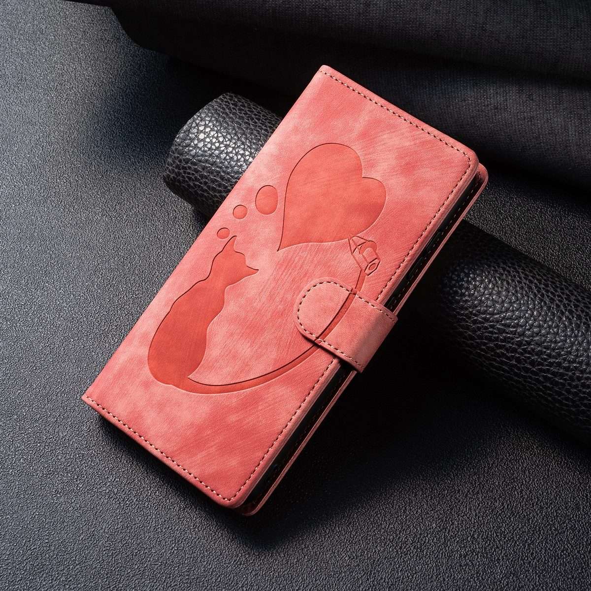 For Redmi Note 14 Pro 5G Pen Heart Cat Embossed Leather Phone Case(Orange)