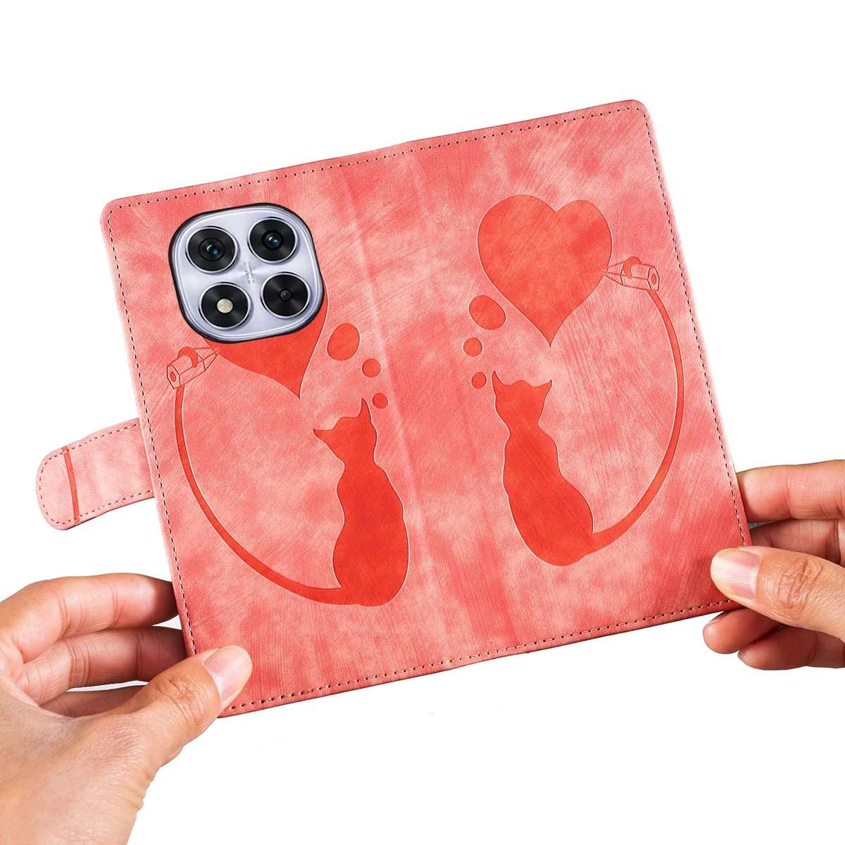 For Redmi Note 14 Pro 5G Pen Heart Cat Embossed Leather Phone Case(Orange)
