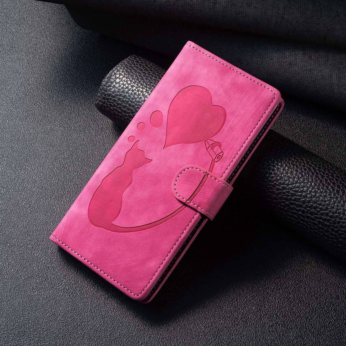 For Redmi Note 14 Pro 5G Pen Heart Cat Embossed Leather Phone Case(Pink)