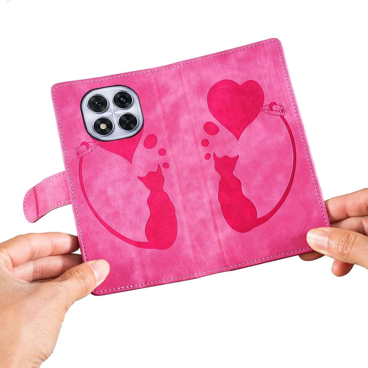 For Redmi Note 14 Pro 5G Pen Heart Cat Embossed Leather Phone Case(Pink)