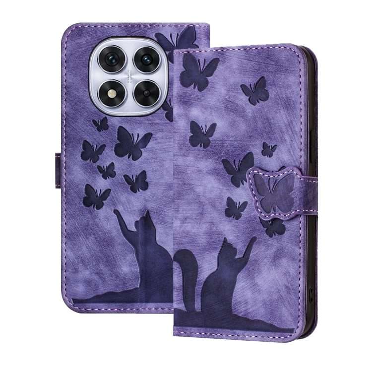 For Redmi Note 14 Pro 5G Butterfly Cat Embossing Flip Leather Phone Case(Purple)