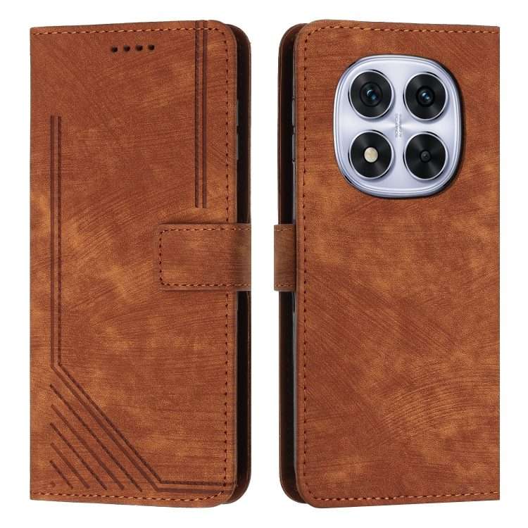 For Redmi Note 14 Pro 5G Global Skin Feel Stripe Pattern Leather Phone Case with Lanyard(Brown)