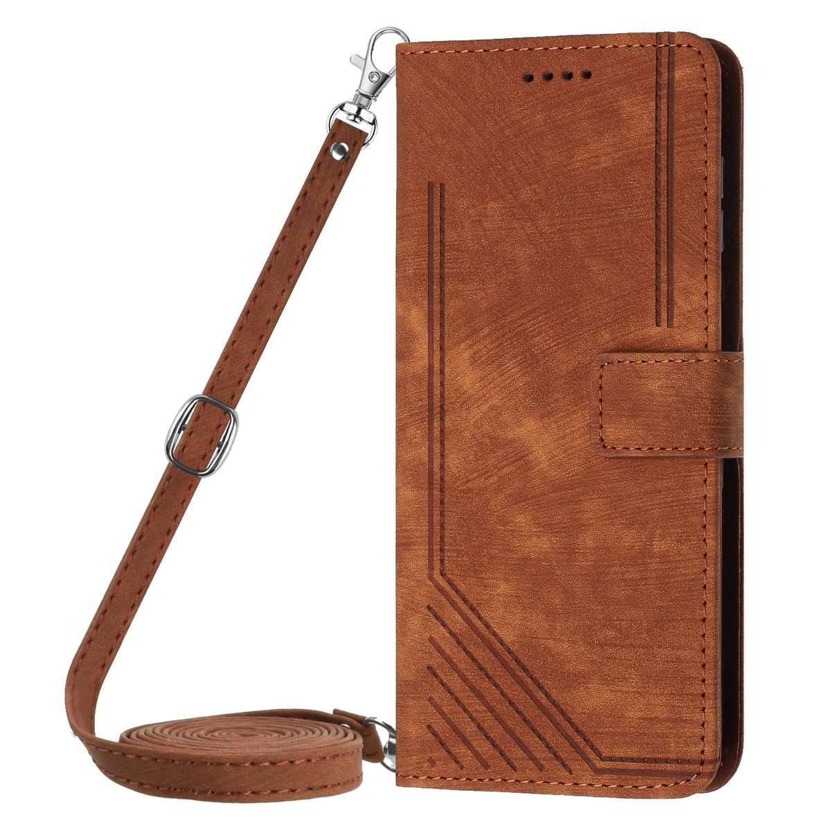 For Redmi Note 14 Pro 5G Global Skin Feel Stripe Pattern Leather Phone Case with Lanyard(Brown)