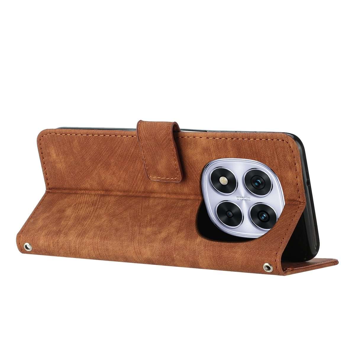 For Redmi Note 14 Pro 5G Global Skin Feel Stripe Pattern Leather Phone Case with Lanyard(Brown)