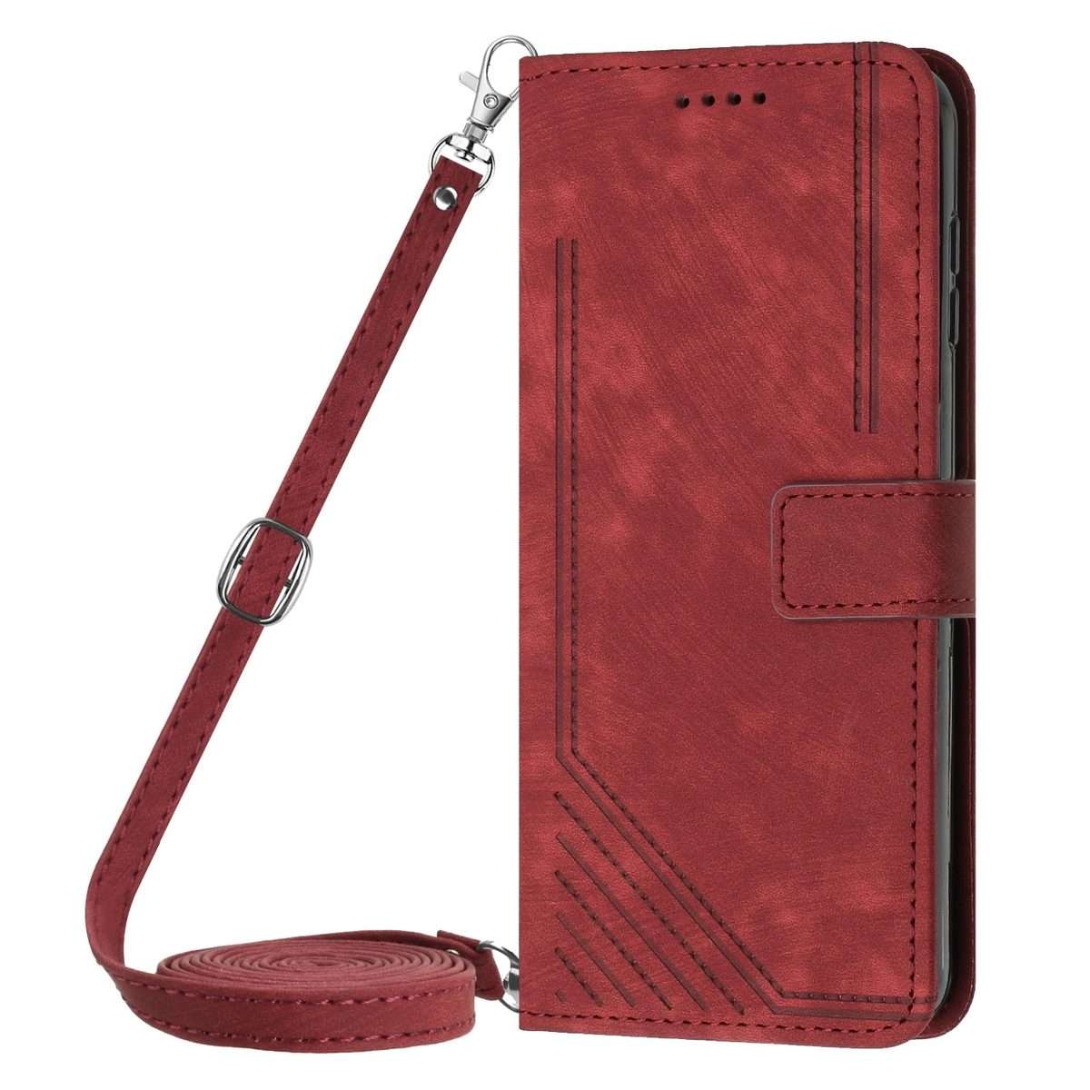 For Redmi Note 14 Pro 5G Global Skin Feel Stripe Pattern Leather Phone Case with Lanyard(Red)