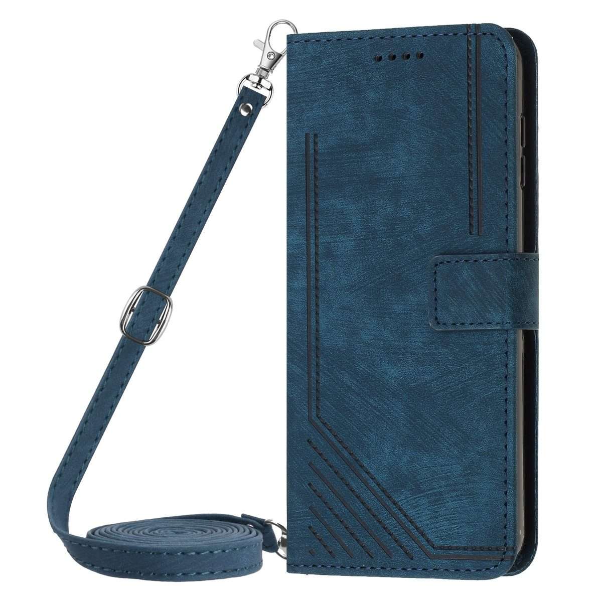 For Redmi Note 14 Pro 5G Global Skin Feel Stripe Pattern Leather Phone Case with Lanyard(Blue)