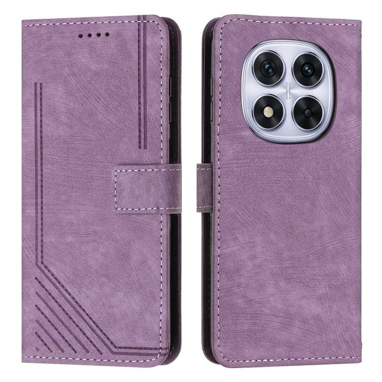 For Redmi Note 14 Pro 5G Global Skin Feel Stripe Pattern Leather Phone Case with Lanyard(Purple)