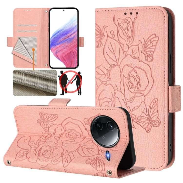 For Redmi K80 5G / K80 Pro 5G Embossed Rose RFID Anti-theft Leather Phone Case(Pink)
