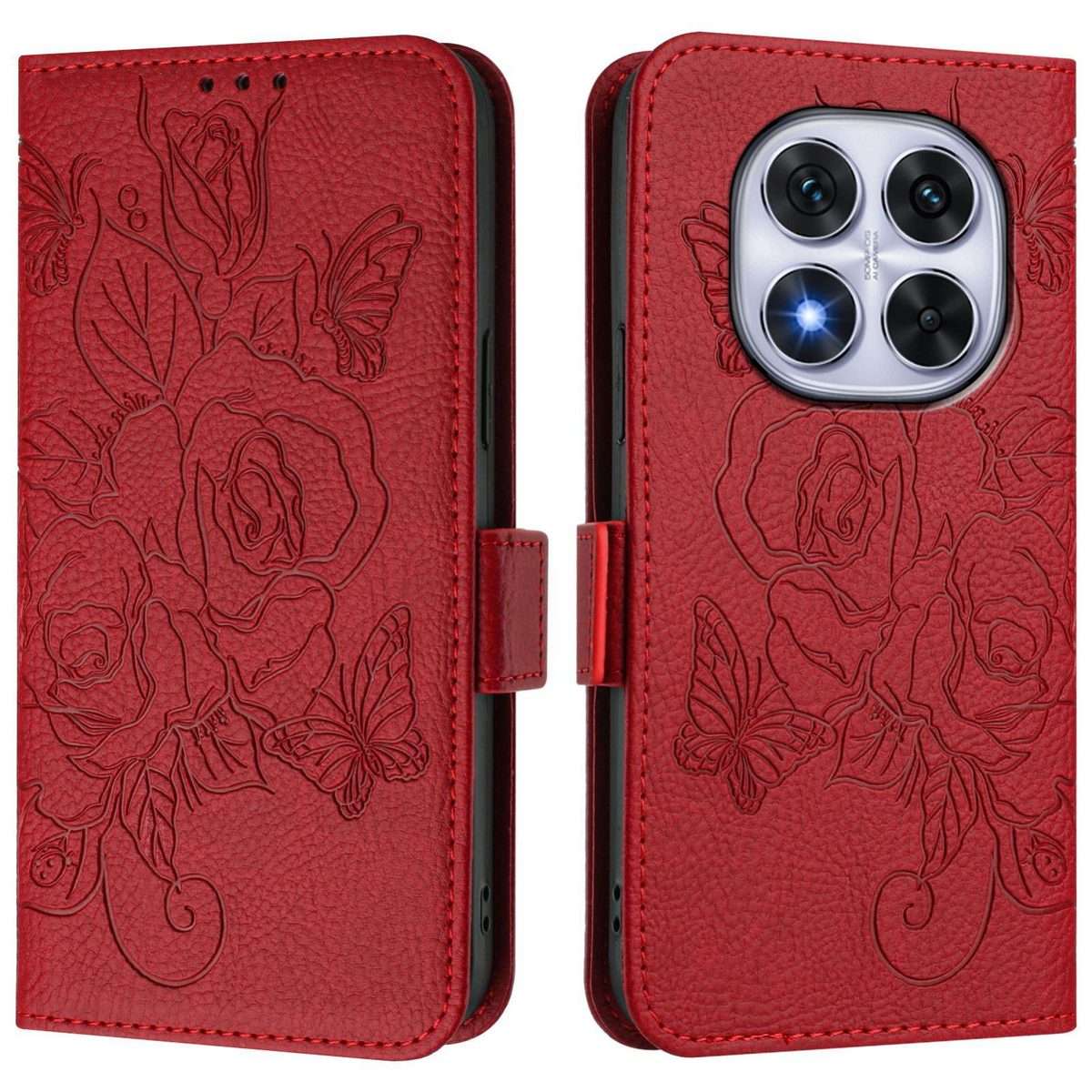 For Redmi Note 14 Pro 4G Embossed Rose RFID Anti-theft Leather Phone Case(Red)