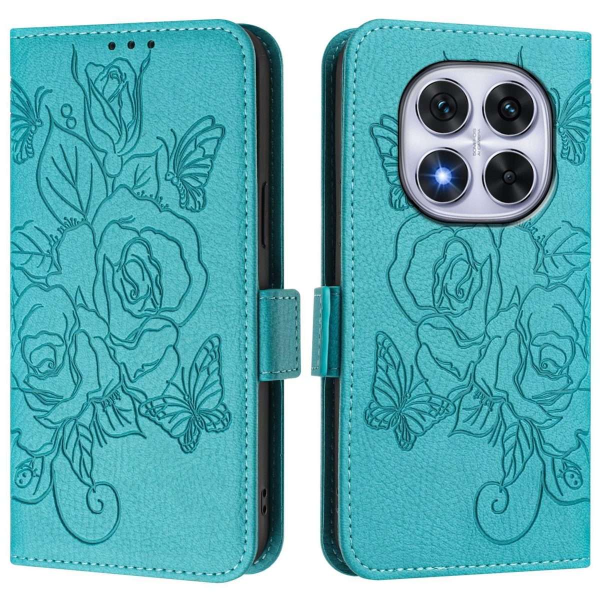 For Redmi Note 14 Pro 4G Embossed Rose RFID Anti-theft Leather Phone Case(Light Blue)