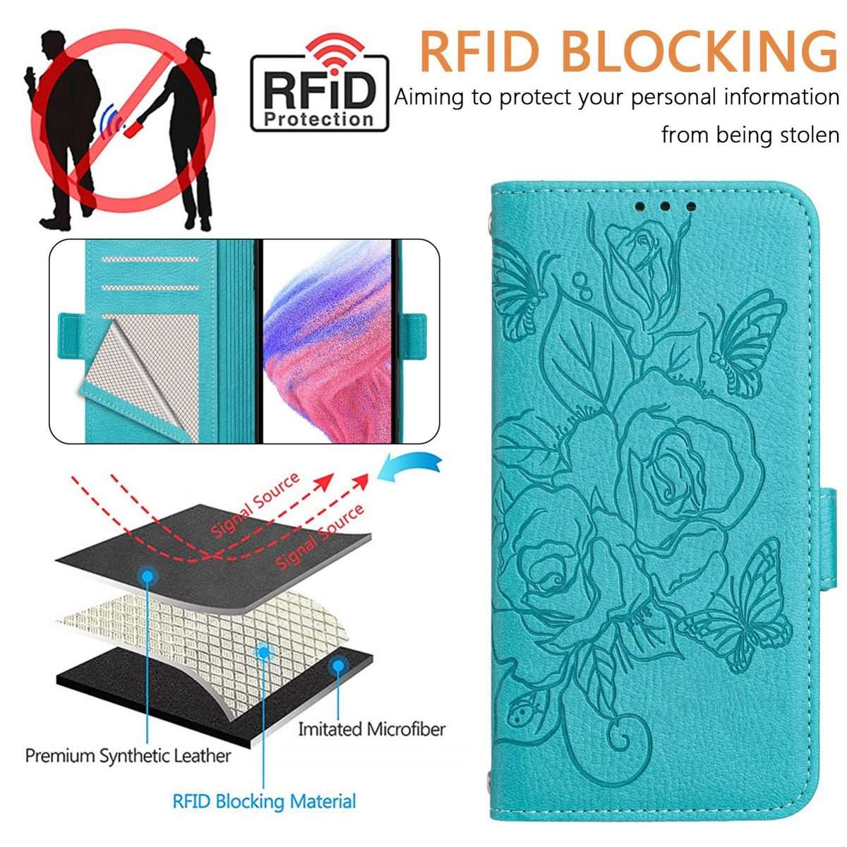 For Redmi Note 14 Pro 4G Embossed Rose RFID Anti-theft Leather Phone Case(Light Blue)
