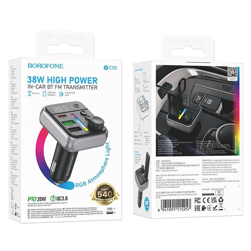 Borofone BC50 Ascenso PD20W & QC3.0 Car Bluetooth FM Transmitter(Black)