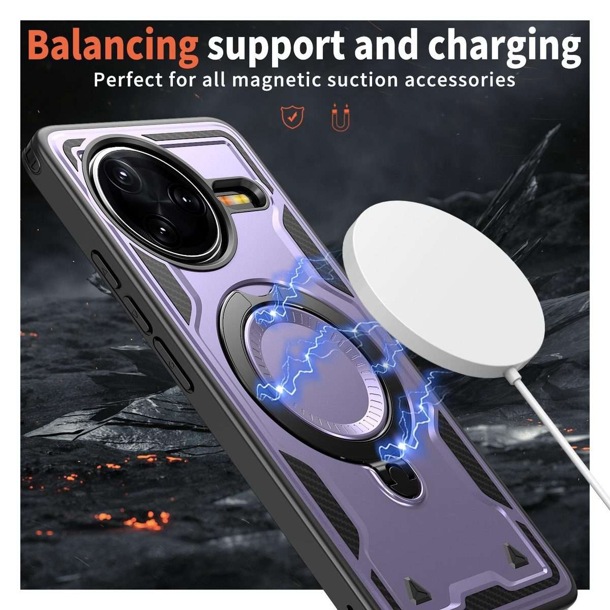 For Redmi K80 / K80 Pro PC Hybrid TPU Armor MagSafe Ring Holder Phone Case(Purple)