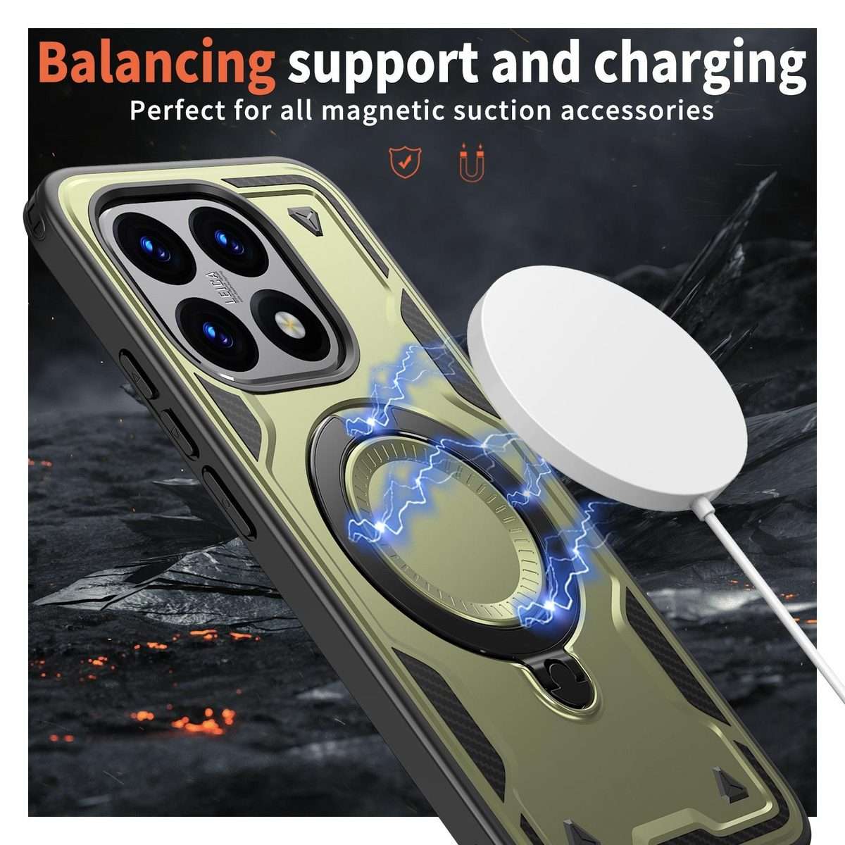For Xiaomi 15T PC Hybrid TPU Armor MagSafe Ring Holder Phone Case(Olive Green)