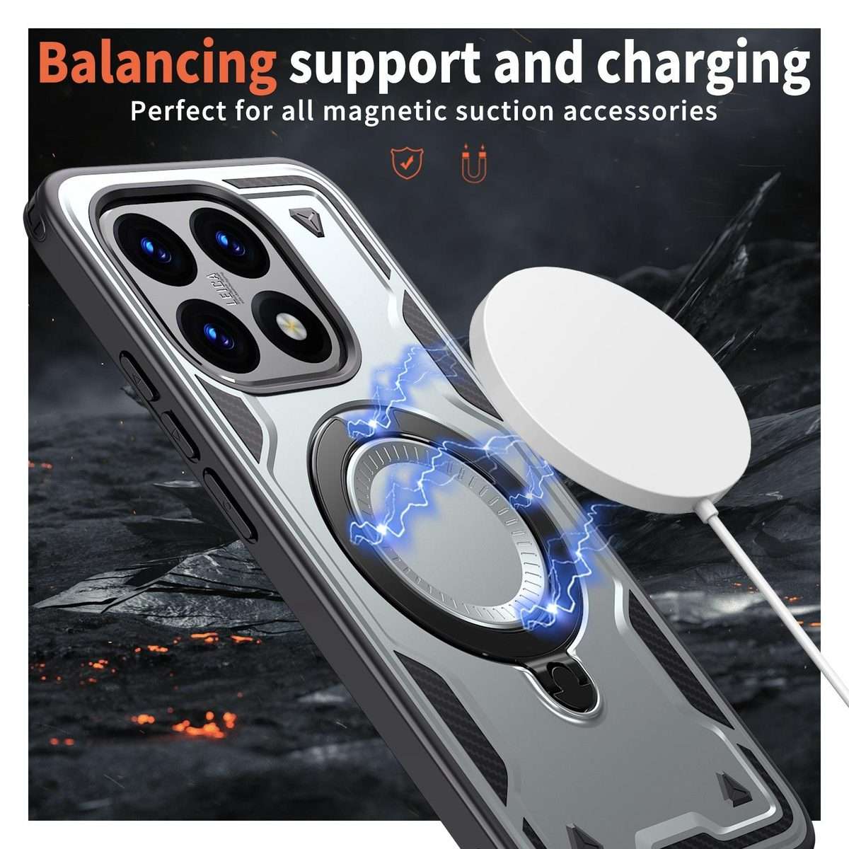 For Xiaomi 15T PC Hybrid TPU Armor MagSafe Ring Holder Phone Case(Grey)
