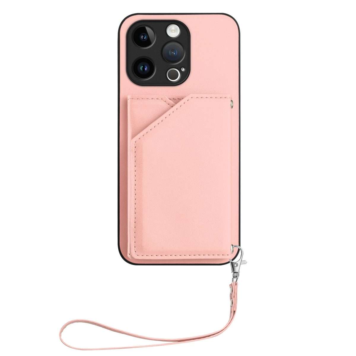 For iPhone 13 Pro Skin Feel Four Card Slots Phone Case with Wrist Strap(Pink)