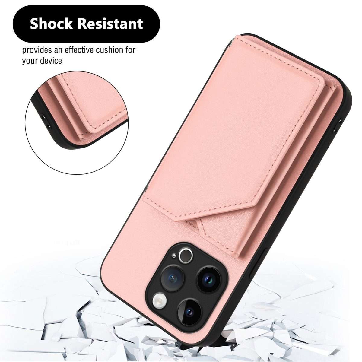 For iPhone 13 Pro Skin Feel Four Card Slots Phone Case with Wrist Strap(Pink)