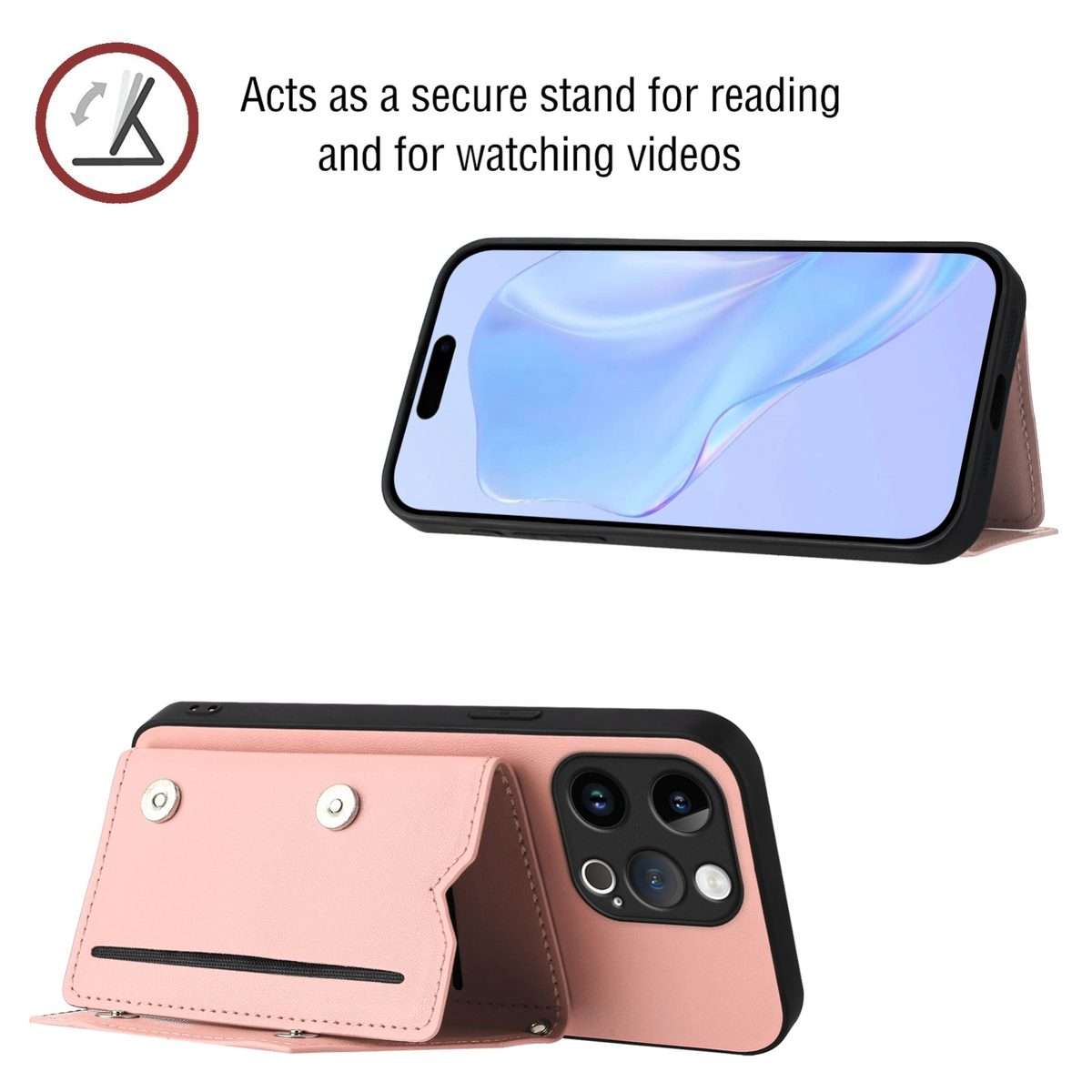 For iPhone 13 Pro Skin Feel Four Card Slots Phone Case with Wrist Strap(Pink)